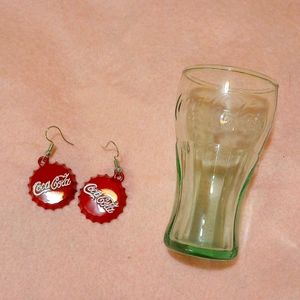 Coca-Cola earrings and shot glass